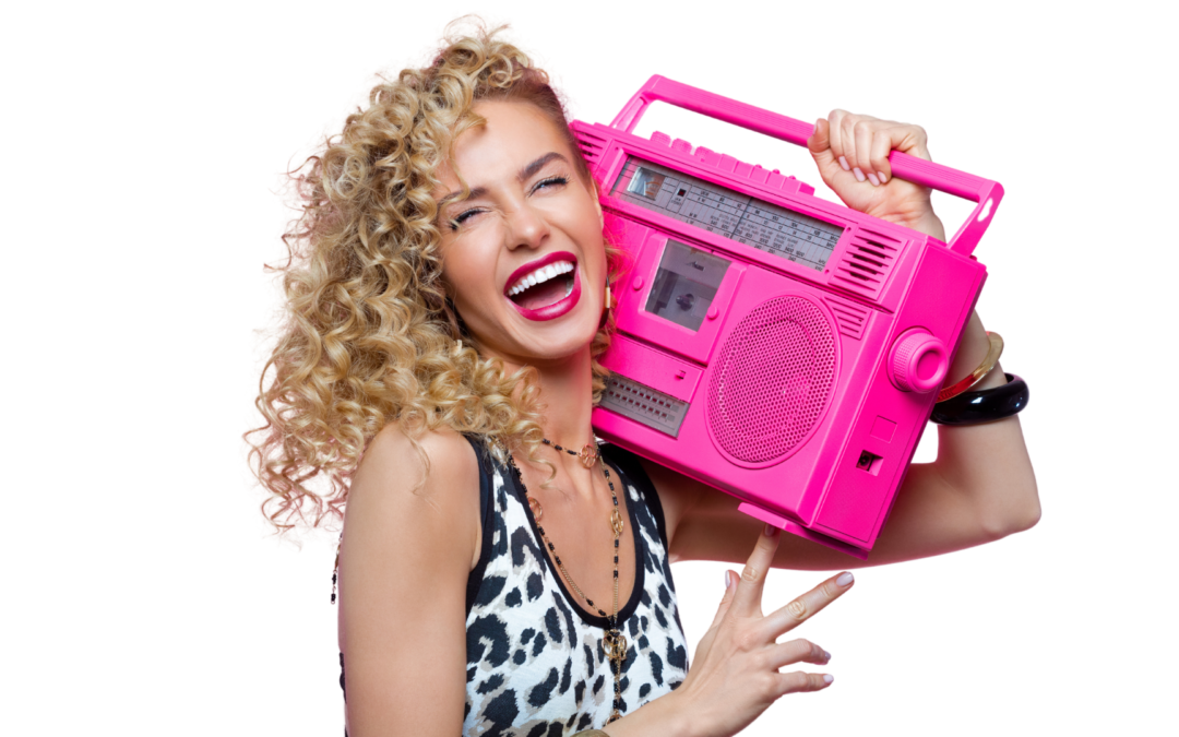 Model with hot pink radio cassette player