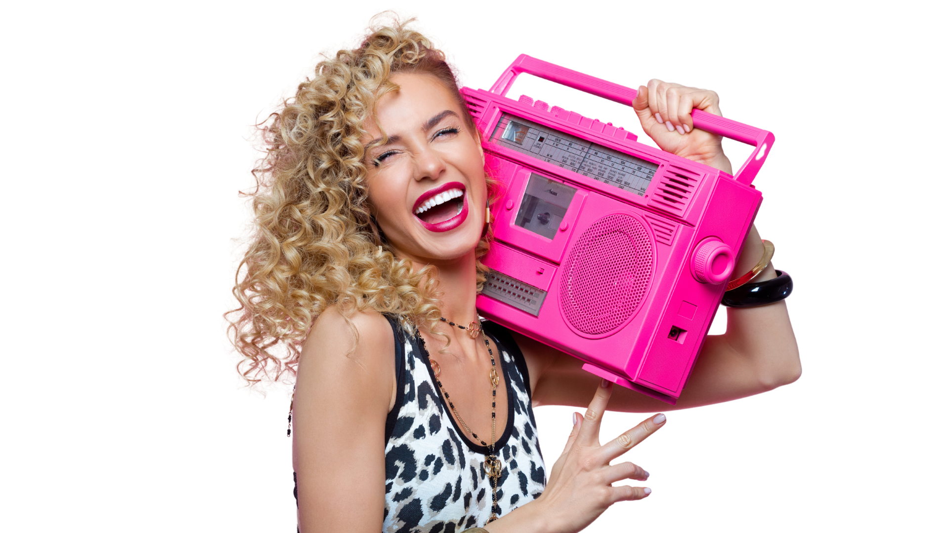 Model with hot pink radio cassette player